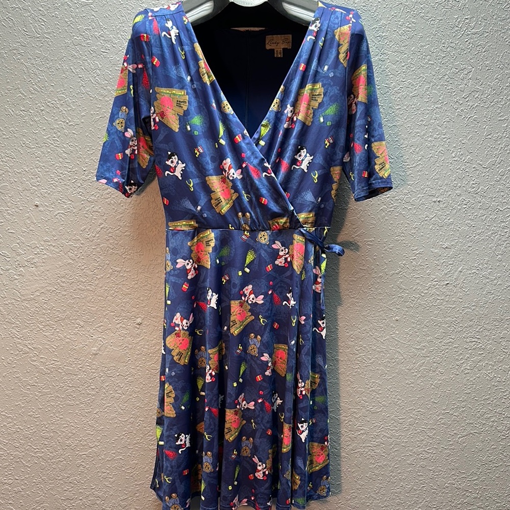 LINDY BOP Graffiti Animals Skulls Faux Wrap Surplice Dress US 8